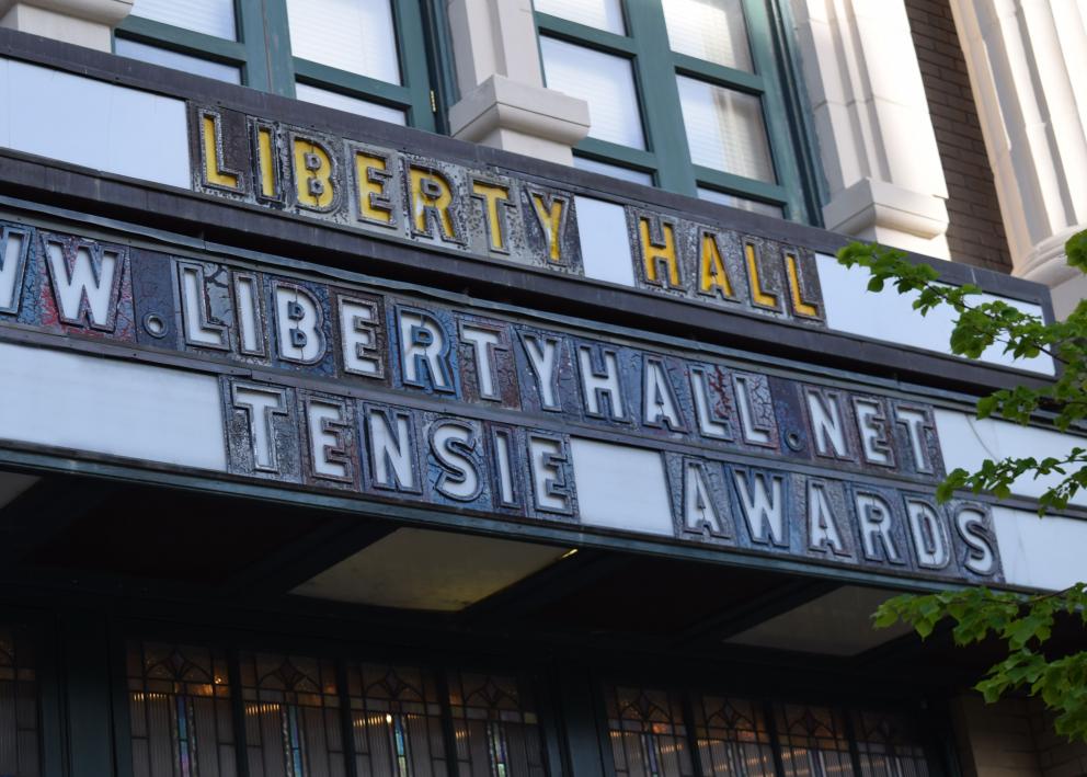 The Tensie Awards ceremony is advertised on the Liberty Hall marquee.